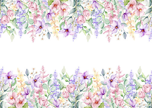 Floral border, background with place for text. Watercolor flowers design. Hand painting summer illustration. © Larisa