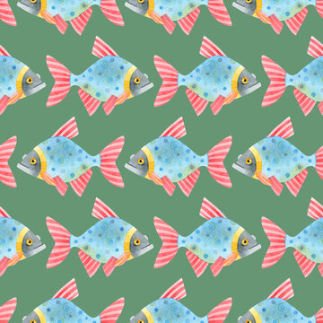 Watercolor seamless pattern of colorful fish. Cute funny carp fish (karps, crucians). Hand drawn texture of an ornament on a green background. Ideal for textiles, packaging, wallpaper, websites, cards