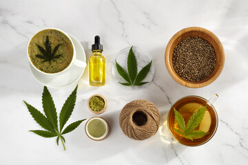 Flat lay composition from hemp, cannabis products. Cosmetic and drink. Top view