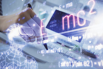 Science formula hologram over woman's hands taking notes background. Concept of study. Double...