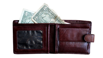 man's leather wallet and dollars, isolated on white background