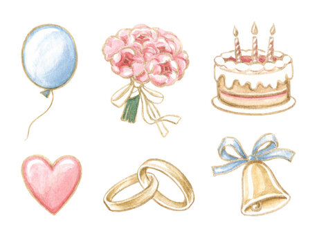 Wedding and holiday symbols: balloon, flowers, cake, heart, rings, bell. Set of elements for scrapbooking, stickers, design. Watercolor illustration.