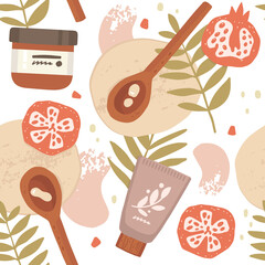 Hand drawn vector seamless pattern. Realistic cosmetic packaging, tropical leaves and fruits. Pomegranate, cream, face mask. Product testing, sample. Skin Care, relaxation, spa. Colorful background