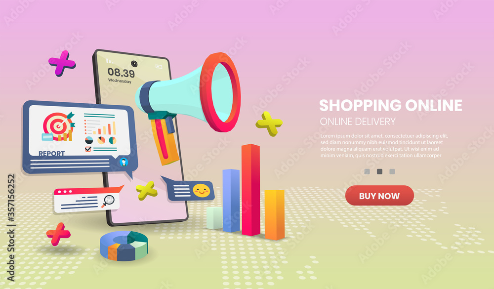 Poster shopping online on website or mobile with plane application vector.