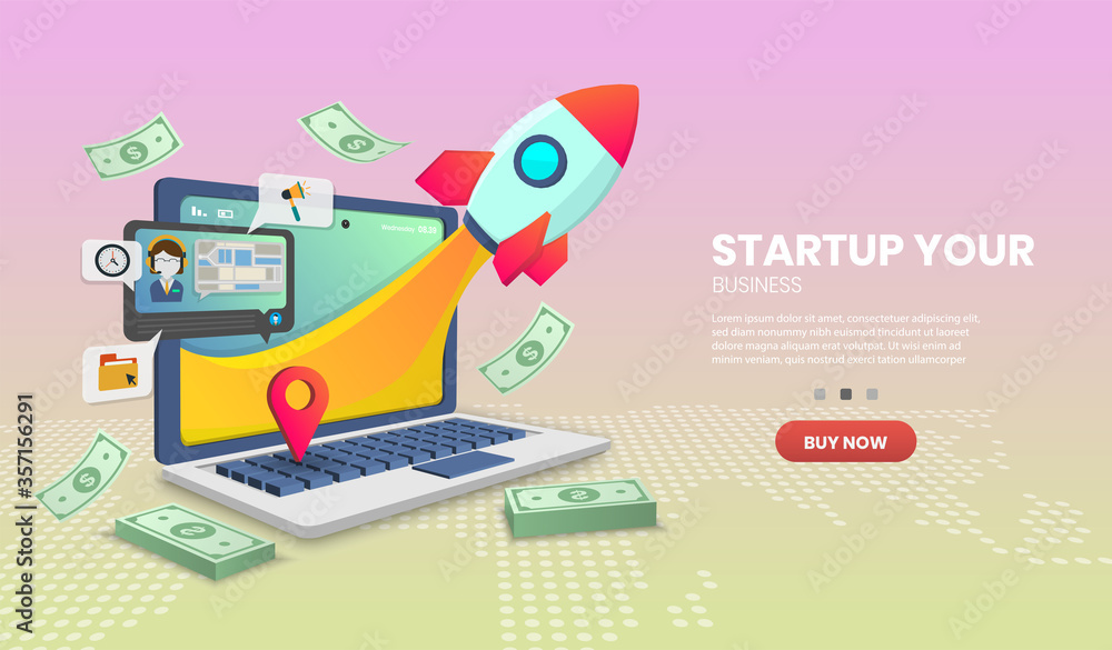 Poster startup vector concept on laptop delivery service on website or mobile application vector concept ma