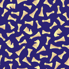 Seamless pattern with white chess pieces. Chess elements repeated texture. Dark background with light-yellow chessmen. Intellectual sport game banner template. Trendy flat vector illustration