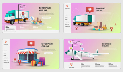 Shopping Online on Mobile Application with truck and plane Concept Digital vector.3d vector illustration.