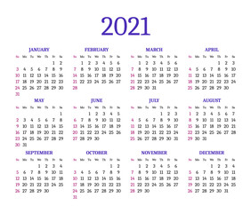 Simple traditional calendar layout for 2021 year. English square template with basic grid on white background. Week starts from Sunday. Annual calendar design for printing vector illustration.