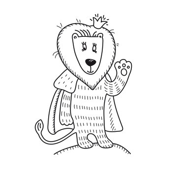 The little lion king in the crown and fur cape. Cute animal waving hand. Hand-drawn russian lubok. Fairystory doodle