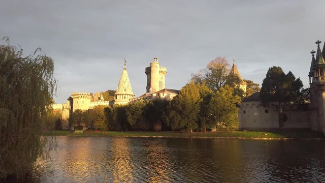 Franzensburg water castle in Laxenburg at sunset. Old museum of Hapsburg dynasty by cloudy sky in Lower Austria