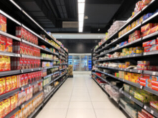 Row of shelf at hypermarket in blurred background