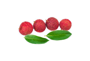Fresh lychee with leaves isolated on white background.