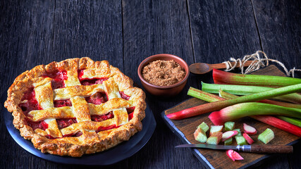 Homemade Strawberry Rhubarb Pie on a table