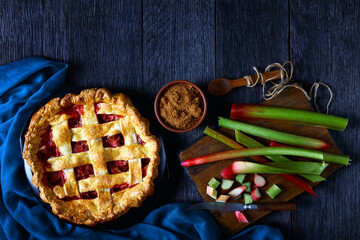 Homemade Strawberry Rhubarb Pie on a table