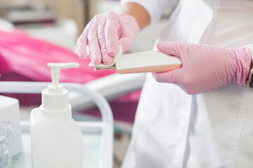 Close up still of hands making desinfaction. Background of sterilization hands, medical equipment...