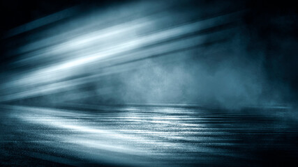 Dark dramatic abstract scene background. Neon glow reflected on the pavement. Smoke, smog and fog. Dark street, wet asphalt, reflections of rays in the water. Abstract dark blue background. 