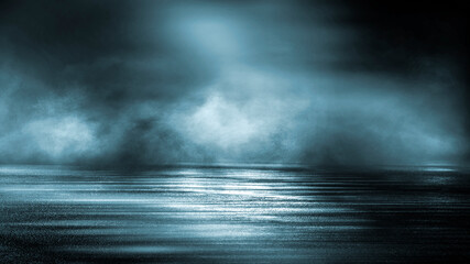 Dark dramatic abstract scene background. Neon glow reflected on the pavement. Smoke, smog and fog. Dark street, wet asphalt, reflections of rays in the water. Abstract dark blue background. 