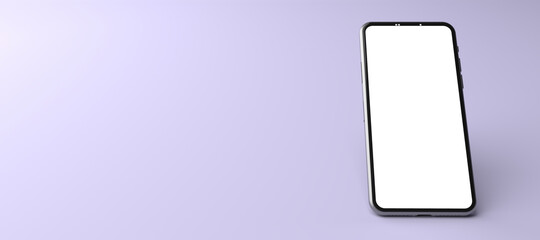 3D rendering. The Smartphone white screen on violet floor, Mobile phone mockup tilted to the ground. Smartphone white screen can be used for commercial advertising, Isolated on violet background.