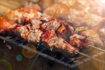 Beautiful juicy kebabs are prepared on the grill on the nature. Rest at 