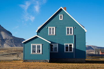 Norway, Spitsbergen, Ny-Ålesund, September 12, 2018: Blue building which is the German research station called 