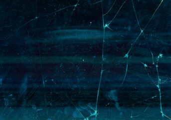 Broken glass texture. Smashed screen. Blue purple distressed stained TV display with dust scratches.