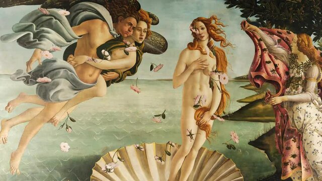 The birth of Venus, animated painting by Sandro Botticelli, Renaissance art history. animated picture, art