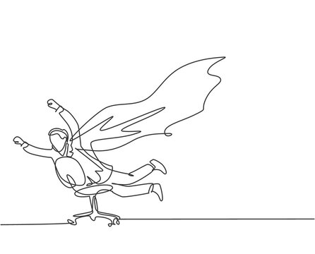 One line drawing of young happy business man spreading a wing and pretend as super hero who flying using an office chair. Business success concept. Continuous line draw design vector illustration