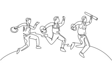 One line drawing of young happy worker construction and architect jumping to reach his business target together. Business team goal concept continuous line draw graphic design vector illustration