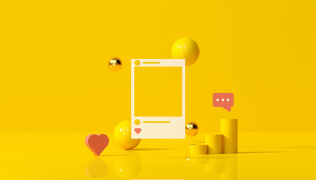 3D render Social Media with photo frame, like button and geometric shapes on yellow background illustration.