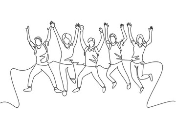 One line drawing group of young happy male and female college student jumping to celebrate their final exam result. Education celebration concept. Continuous line draw design vector illustration