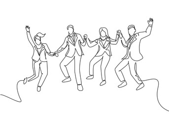 One line drawing of young happy business man and business woman jumping to celebrate their successive team business. Business deal concept continuous line draw graphic design vector illustration