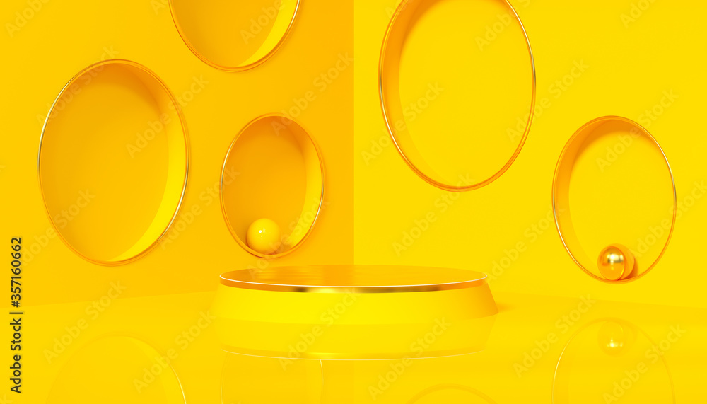 Poster 3d rendering podium minimal yellow background scene, minimal abstract background