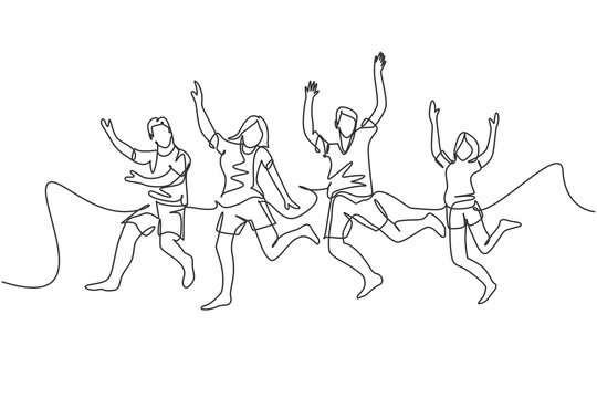 One line drawing of group of young happy male and female jumping together to celebrate their vacation. Traveling holiday concept. Continuous line draw vector illustration