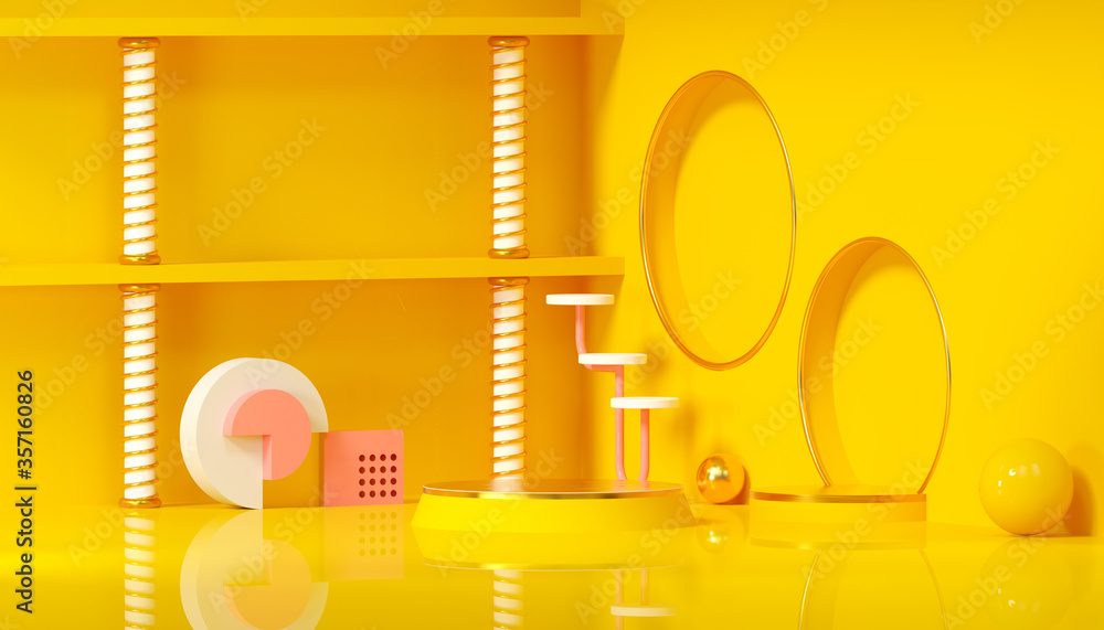Aufkleber 3d rendering abstract composition geometric shapes on yellow background for product presentation or 