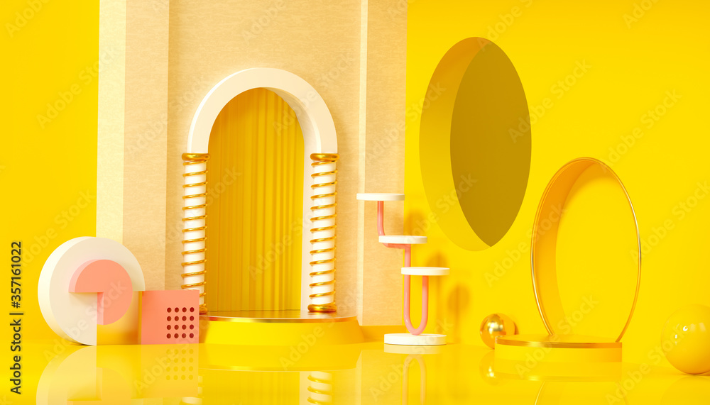 Poster 3d rendering abstract composition geometric shapes on yellow background for product presentation or 