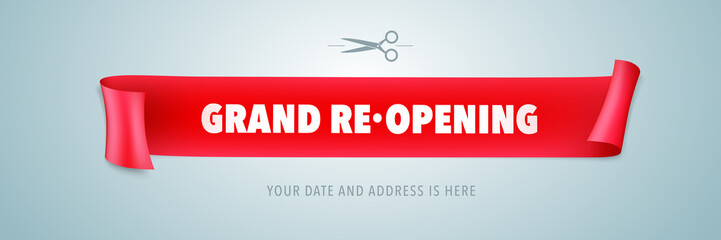 Grand opening or re opening vector illustration with wavy ribbon