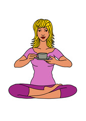 girl in a yoga pose and drinks tea