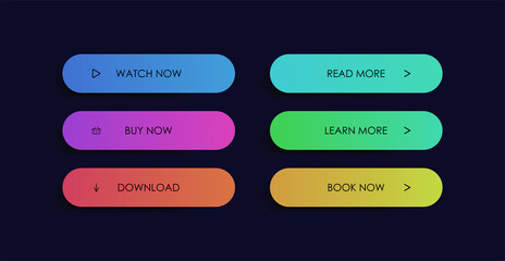 Set of modern oval buttons with colorful gradient and signs, designed for website, application, shop etc. Trendy layout for business or internet. Eps 10 vector