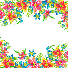 frame of flowers painted with watercolor, for the design of cards, invitations, business cards