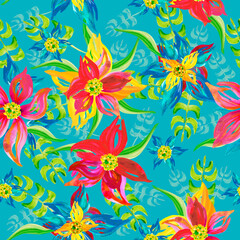 Bright flowers on a turquoise background, seamless pattern with watercolor flowers