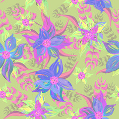 Neon flowers on olive background, seamless pattern with watercolor flowers.