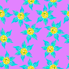 Bright flowers on a purple background, seamless pattern with watercolor flowers for printing on textile, paper