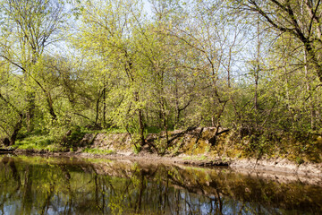 Old concrete banks by the river, concrete slabs covered with moss