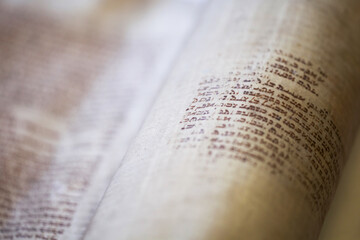 Old torah scroll book close up detail. Torah Jewish People.