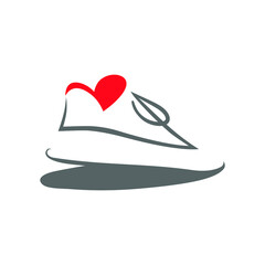 Running shoe and a heart symbol on white backdrop. Design element