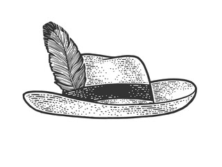 hat with feather sketch engraving vector illustration. T-shirt apparel print design. Scratch board imitation. Black and white hand drawn image.