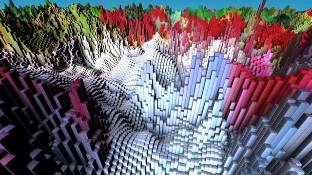Flying over an abstract landscape of colorful animating 3D cubes, ideal as a background for an intro or presentation