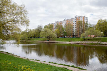 Multi-storey residential building near the pond