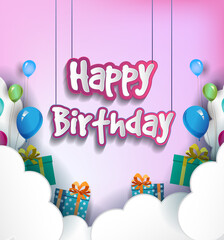 Happy Birthday vector design for greeting cards with balloon and clouds, vector illustration for birthday celebration