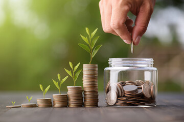 business finance and saving money investment , Money coin stack growing graph with hand putting...
